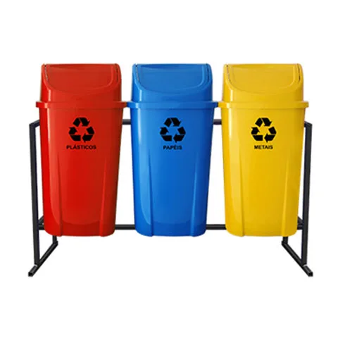 Suporte com 3 Lixeiras Coleta Seletiva 60Lts – Lar Plástico